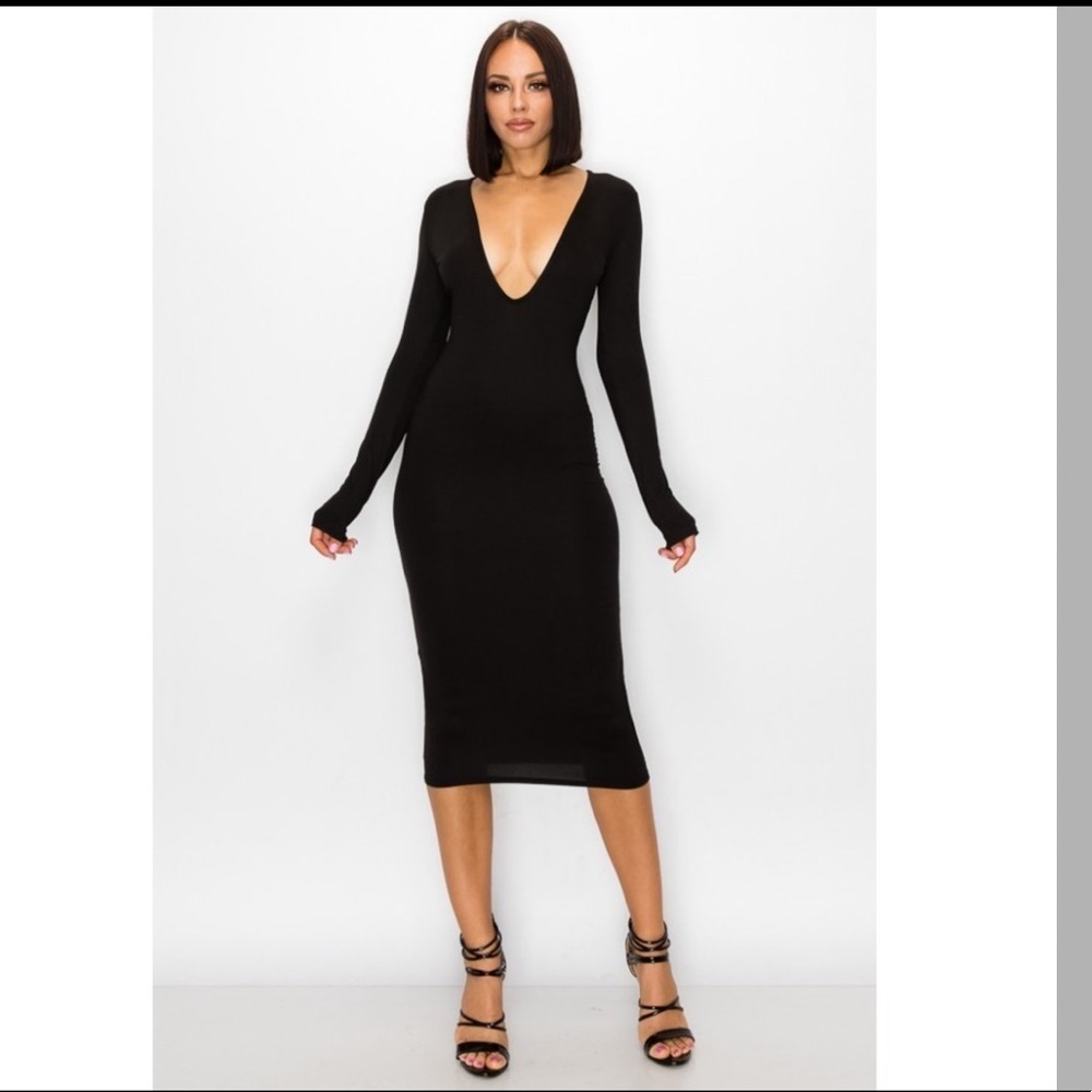 Bodycon midi dress with deep V-neck